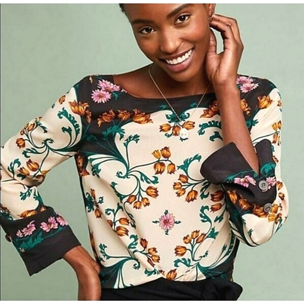 Anthropologie Floral Blouse - Cream and Black